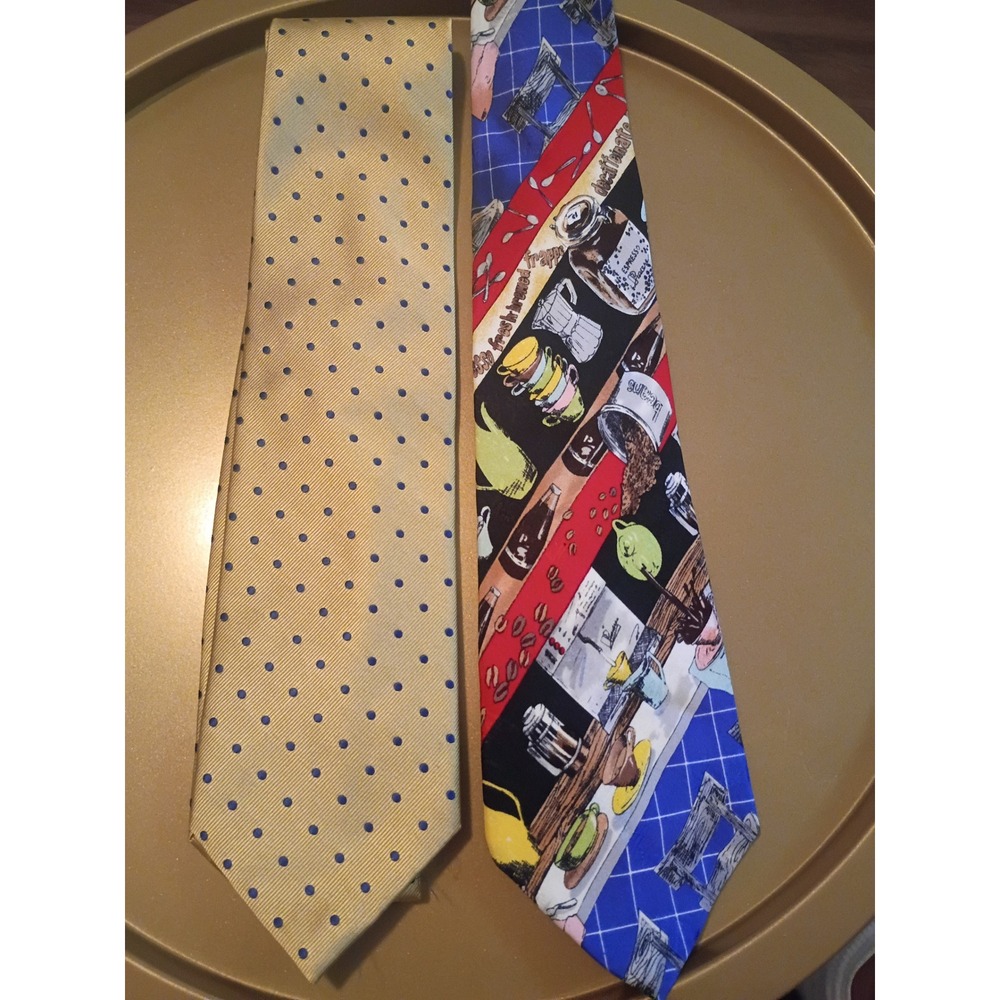 Lot 2 Nicole Miller 1993 Coffee Novelty Tie & Jos A Bank Polka Dot Silk Neckties